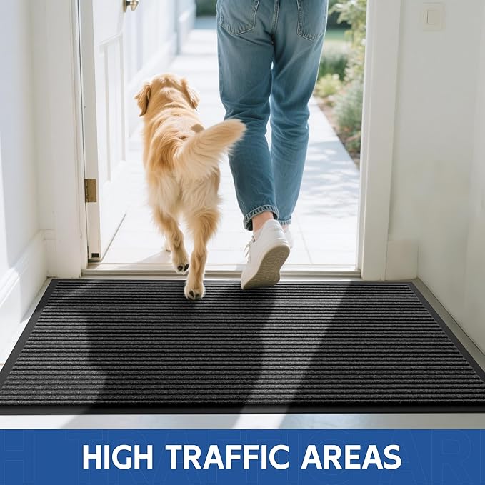 Front Door Mat, 2' x 6' Heavy Duty Indoor Outdoor Welcome Mat for Entryway, Commercial Entrance, Low Profile, Non-Slip, Durable Rubber Backing for Patio, Home