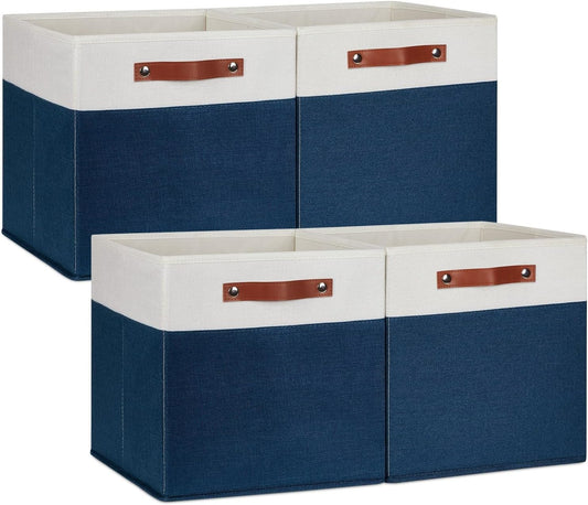 DULLEMELO 13 inch Cube Storage Bins, Gift Baskets Empty for Boy Girl Mother Father Christmas Festival,Fabric Storage Bins Cube Organizer Baskets With Leather Handles(White&Blue-4 Pack)
