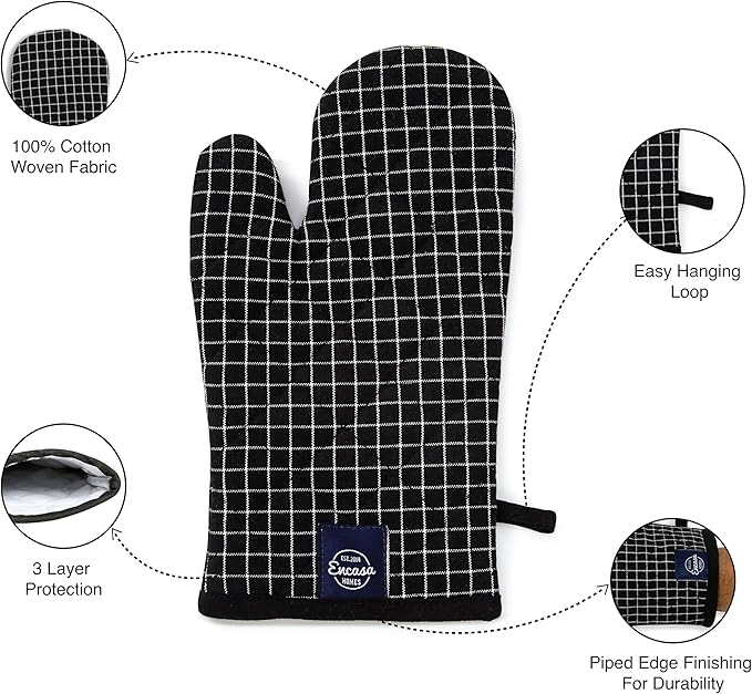 Encasa XO Long 12"x7" Oven Microwave Hand Gloves Mitts (2 pc Set) for Kitchen Cooking & Baking - Heat Resistant, Thick & Safe, Protection of Hands from Hot Utensils - Butcher Checks Black
