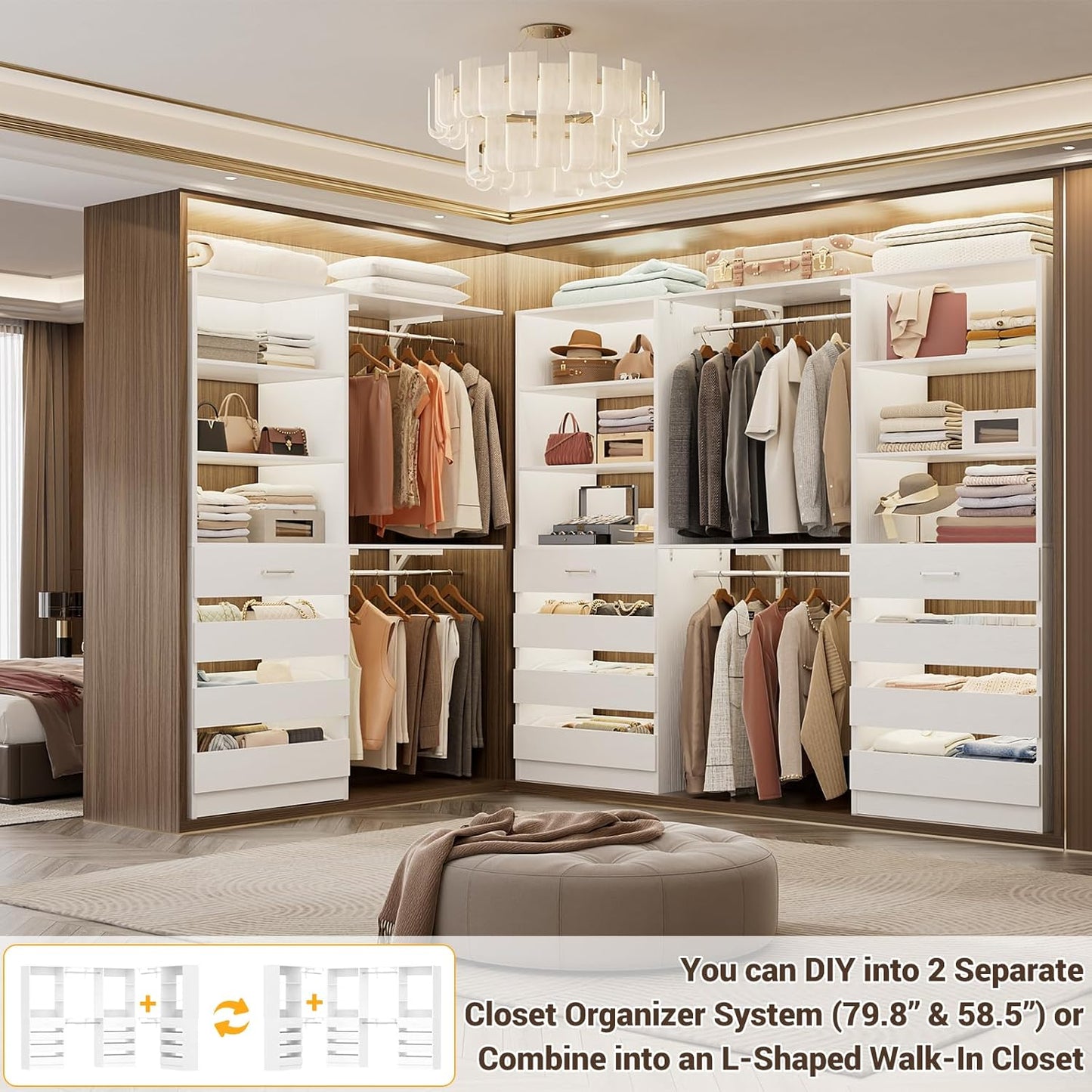Aheaplus Closet System Set of 3, 138.5" Wood Closet Organizer System Tower with 12 Drawers & 4 Hanging Rods, 6.7+4.85Ft L Shaped Walk-in Closets Wardrobe Organizer Garment Rack with Shelves, White