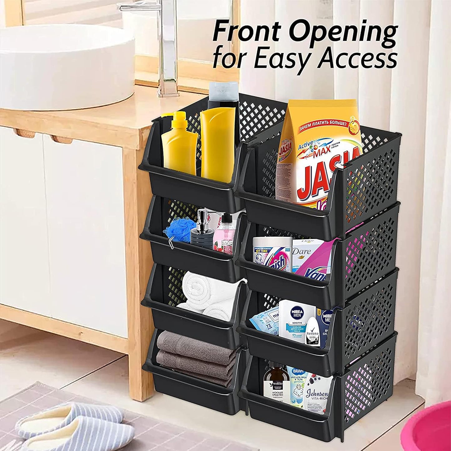 Skywin TidyFriend Plastic Stackable Storage Bins for Pantry, 24 Pack Stackable Bins for Organizing Food, Kitchen, and Bathroom Essentials (Black)