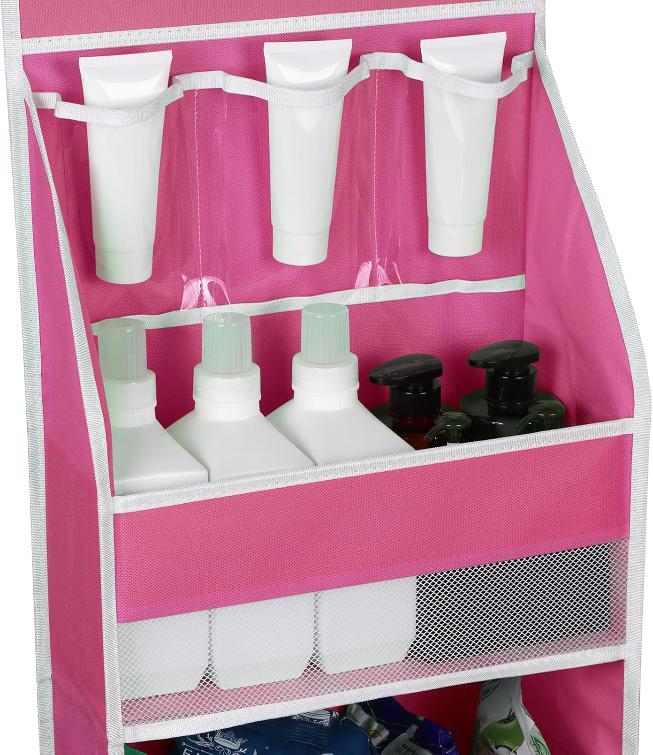Univivi 5-Shelf Fabric Door Storage Over Door Hanging Organizer with 4 Large Pockets and 3 Small PVC Pockets Nursery Closet Cabinet Wall Mount Hanging Storage Organizers for Baby Nursery (Pink)