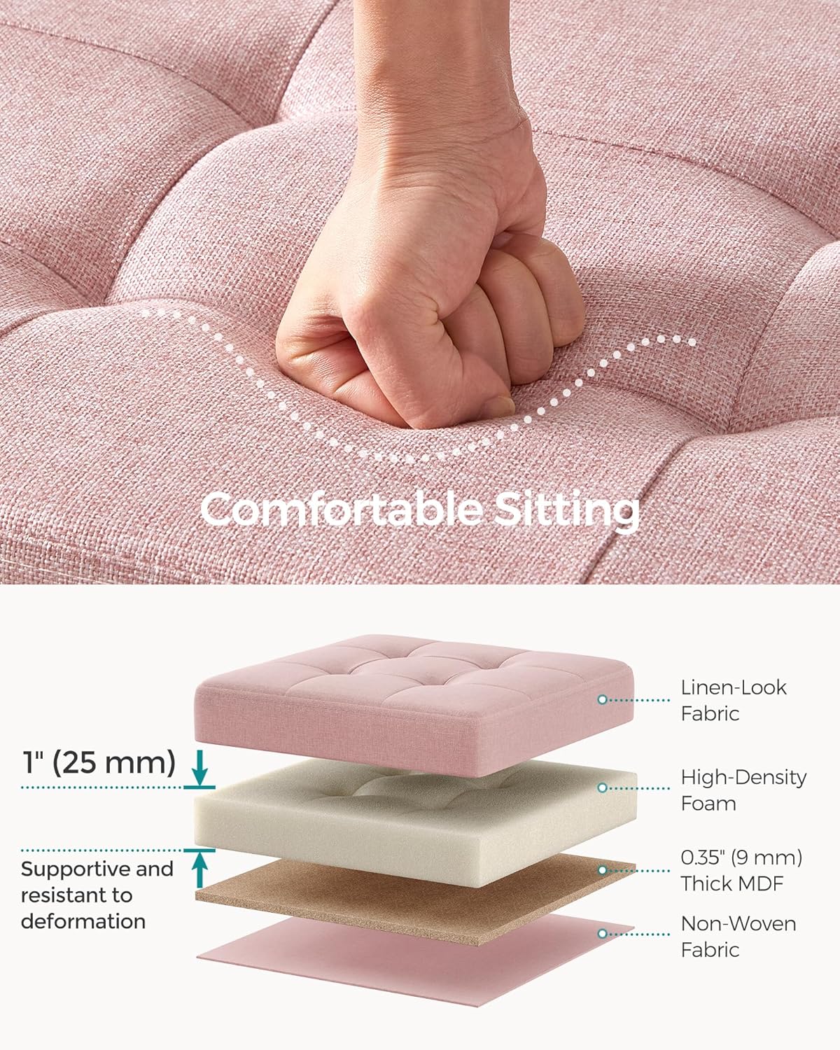 SONGMICS MAZIE Collection - 43 Inches Folding Storage Ottoman Bench, Ottoman Foot Rest, End of Bed Bench, Storage Chest, Load 660 lb, for Living Room, Bedroom, Entryway, Jelly Pink ULSF077R11