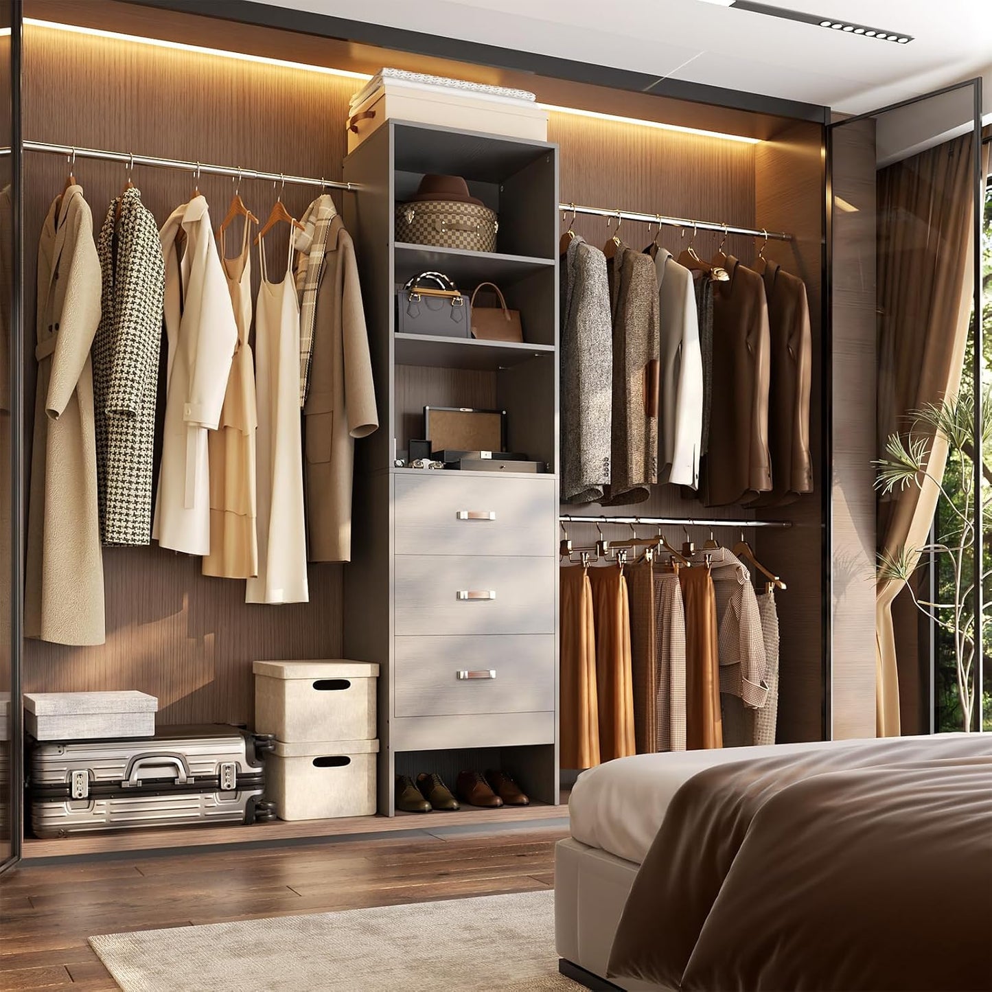96'' Closet Organizer System with 3 Hanging Rods (Without 3 Storage Shelves), 8FT Closet Systems, Wall Mount Bedroom Wardrobe with 3 Wood Drawers, Adjustable Garment Rack from 5 to 8FT, Grey