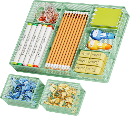 Marbrasse 3 Packs Desk Drawer Organizers, Metal Mesh Dividers with 9 Adjustable Compartments, Pen Organizer for Drawer Tray Box Accessories for Desktop,Kitchen, Makeup(Green)