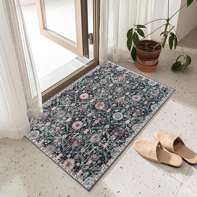 Lahome Moroccan Trellis Washable Rug, 2x3 Entryway Rugs for Kitchen Bathroom, Non-Slip Indoor Door Mat Ultra-Thin, Small Oriental Throw Carpet for Bedroom Entry, Black/Multi