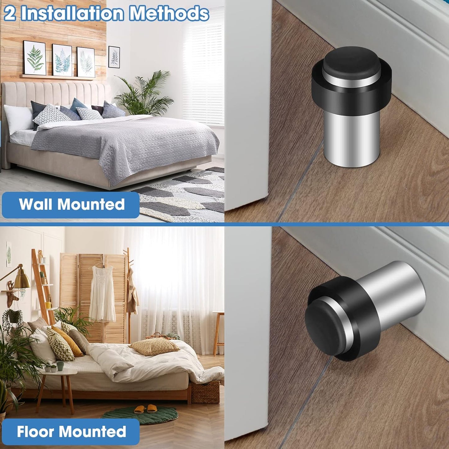 Chumia 10 Pcs Door Stopper Mounted Floor Stops Stainless Steel Cylindrical Stopper Modern Decorative Rubber Bumper Stops Holder Wall Protector for Bottom or Top of Door (Silver)