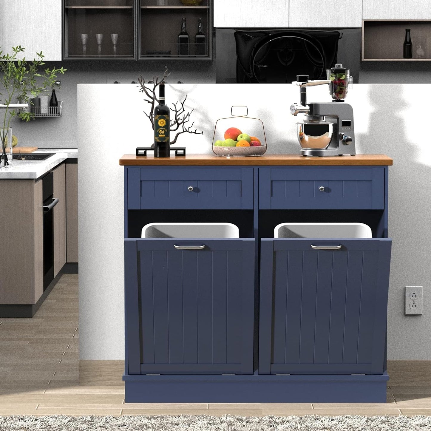Betterhood Tilt Out Trash Cabinet 10 Gallon Wooden Free Standing Laundry Sorter Cabine,Recycling Cabine with Hideaway Drawer,Tilt Out Trash Cabinet Can Bin Kitchen
