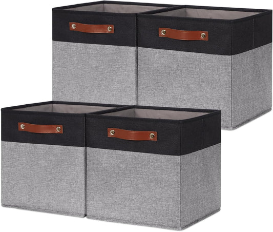 HNZIGE Cube Storage Baskets,Fabric Storage Cubes 12 x 12, Set of 4,Decorative Storage Baskets for Organizing with Handles,Closet Bins for Shelf Organizer Home Toy Nursery Closet(Black Gray)