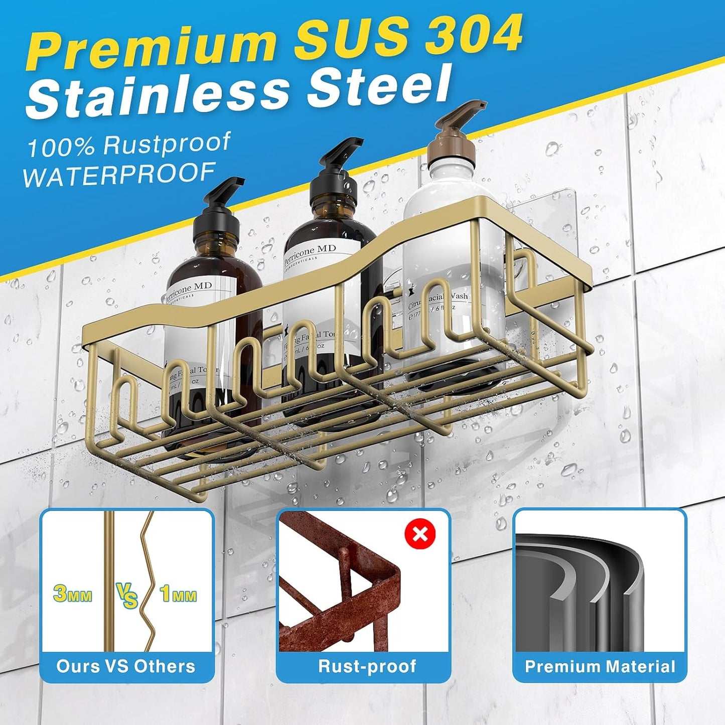 EUDELE 5-Pack Rustproof Stainless Steel Shower Caddy – No Drill Adhesive Bathroom Organizer with Large Capacity, Spacious Shower Shelves for Inside Shower, Kitchen & Home Decor Storage-XL Size