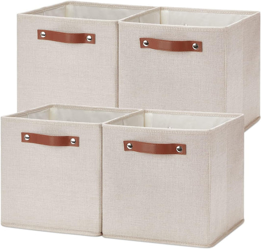 Temary 11x11 Storage Cubes Fabric Storage Cubes Storage Bins with Dual Leather Handles Canvas Storage Boxes for Organizing Home, Shelf, Closet (Beige, 11 x 11 x 11)