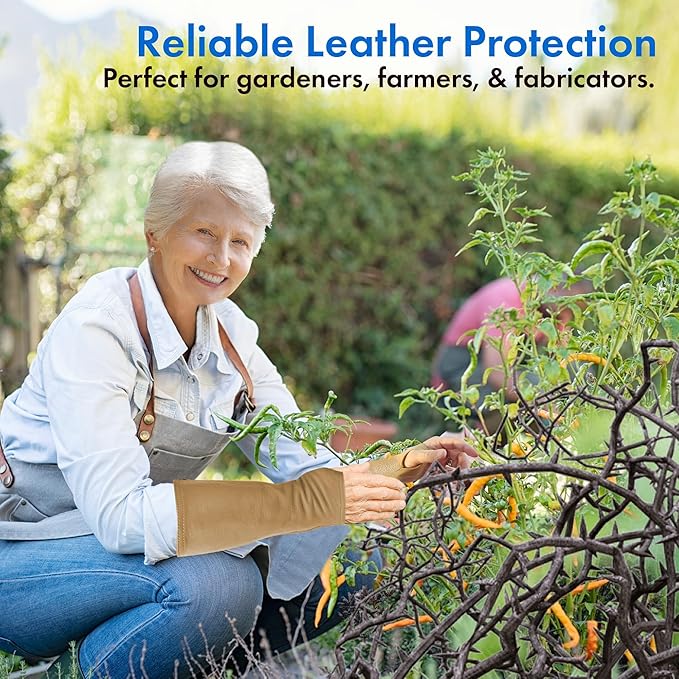 Arm Chaps Leather Protective Sleeves Arm Guard - Prevent Cuts, Scratches & Bruises - Genuine Cowhide - Ideal for Gardening & Construction - Left & Right Form-Fitting. Tan (1 Pair/Small).