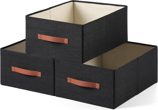 linen closet organizers and storage, 3 Pack Large Storage Baskets, Washable, Clothing Storage Bins with Handle, Closet Organizer for Storage Sweater,Sheets (Black, 18½"x13½"x8½")