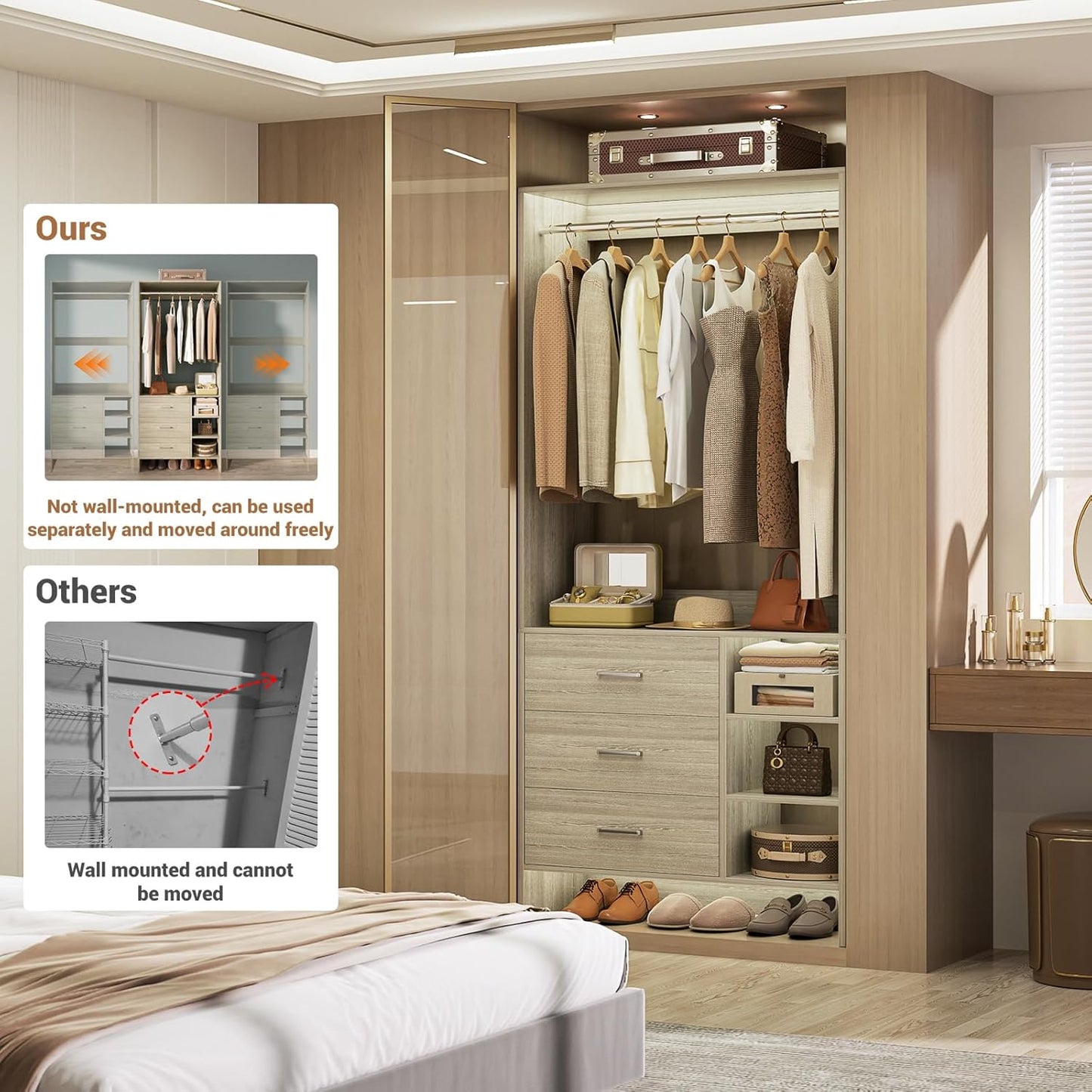 Aheaplus 2.5FT Closet System with 3 Drawers, 29.5’’ Closet Organizer, Wood Closet Organizer System, Walk-in Closet or Small Closets Wardrobe, Clothes Rack with Hanging Rods,-E6, White Oak