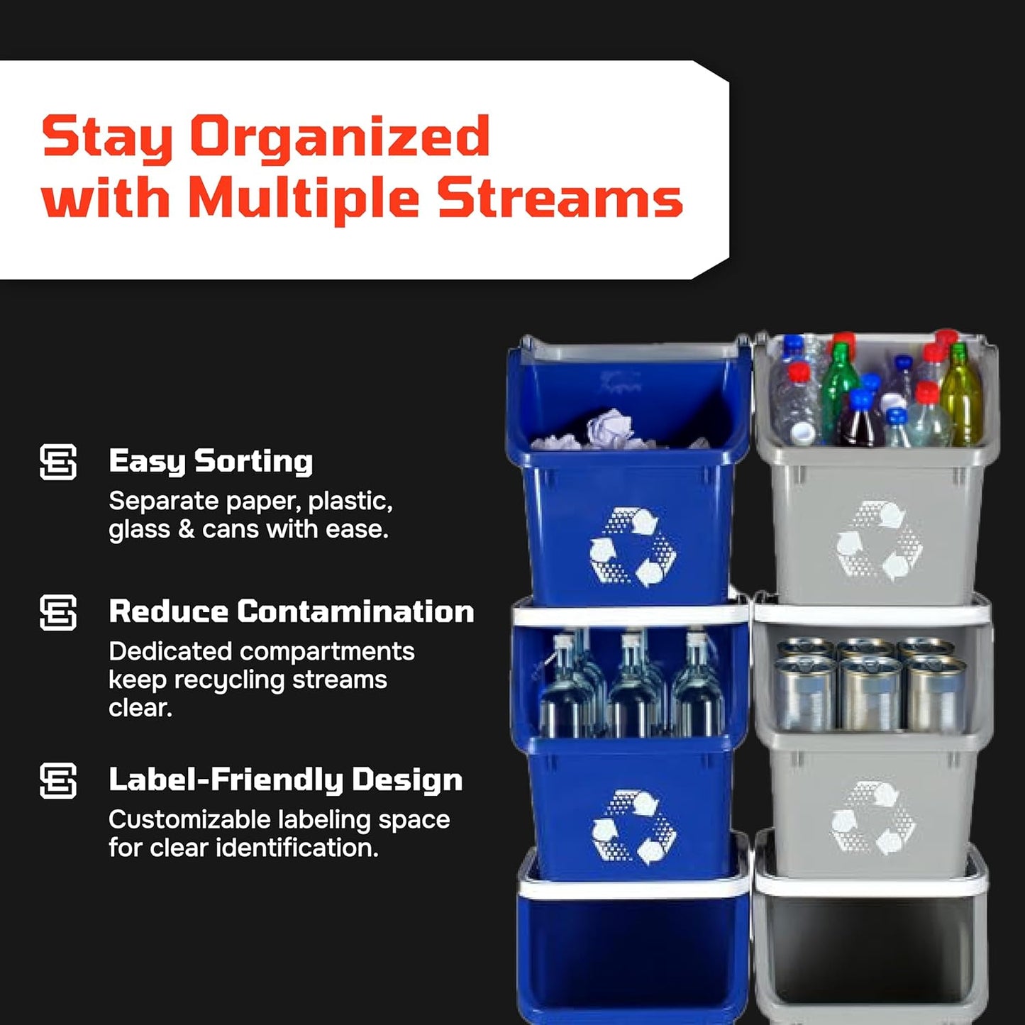 Multi Bin Recycling System with Three Stackable 6 Gallon Recycle Bins to Build Your Recycling Center for Offices, Kitchen, Garages, Businesses (3 Pack, Blue/Grey/Green)