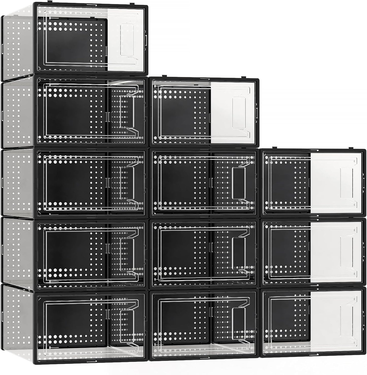 12 Pack Large Shoe Organizer Storage Boxes for Closet, Modular Space Saving Shoe Boxes Clear Plastic Stackable Sneaker Containers Display Case with Lids, Black05