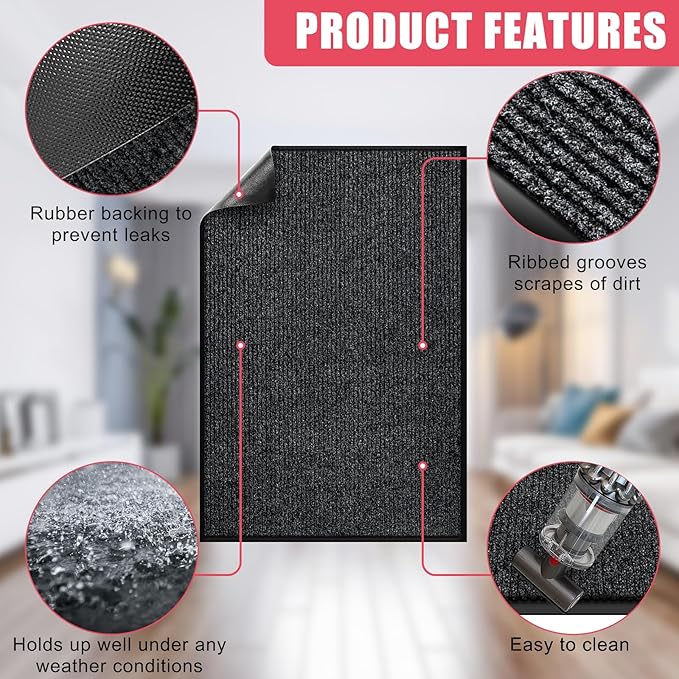 Kuyal Front Door Mat, 2'x6' Indoor Outdoor Entrance Mat, Commercial Floor Mats Inside Outside Entrance, Heavy Duty Durable Welcome, Rubber Backing Non Slip Outdoor Mats for Entryway,Black