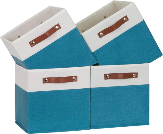 Temary Storage Cube Bins 11 Cube Storage Bins Storage Baskets for Closet, Shelves 4 Pack Fabric Organizer Bins with Leather Handles(White&Teal)