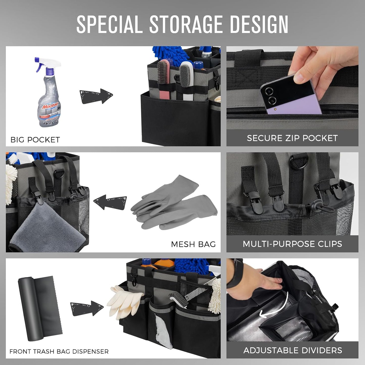 Wearable Cleaning Caddy, Cleaning Caddy Supplies Organizer with Handle & Shoulder Straps for Housekeepers, Under Sink & Car Cleaning Tool Organizers Bag with 4 Foldable Divider (MediumGrey)