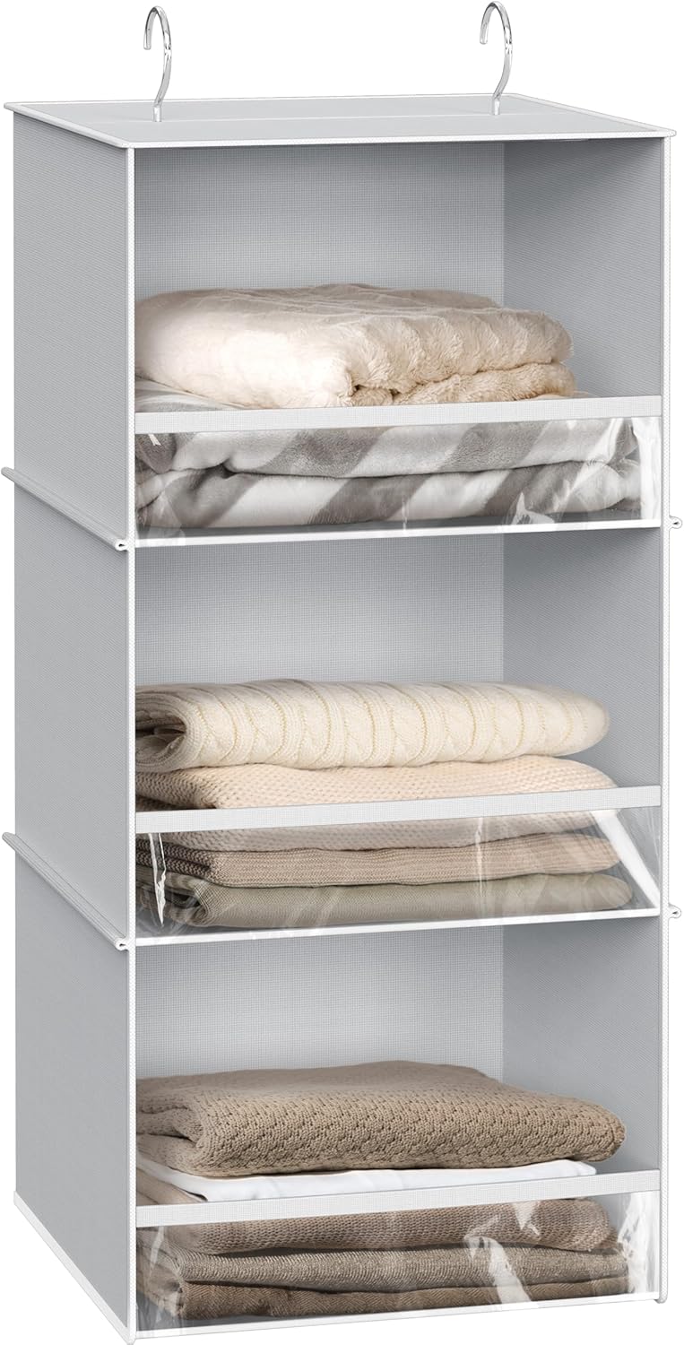 Simple Houseware 3 Shelf Hanging Closet Organizer with Front Stopper, Gray