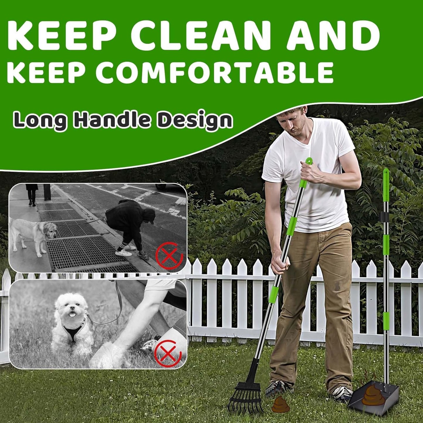 Dog Poop Trash Can Outside with Pooper Scooper and Metal Rake & Tray, 20L/5Gal Dog Waste Trash Can with Lid, Pedal and Removable Inner Waste Bin, Pet Poop Bin with 100 Bags, Green