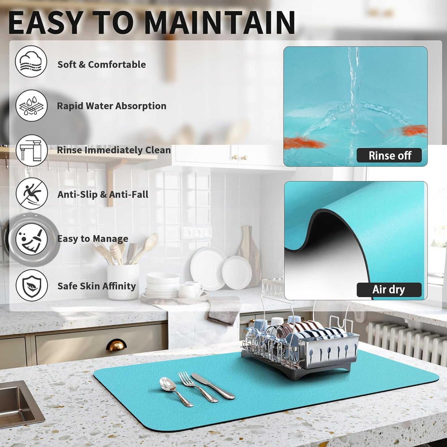 Dish Drying Mat for Kitchen Counter, Heat Resistant Drainer Mats with Non-slip Rubber Backed, Hide Stain Kitchen Super Absorbent Draining Mat, Easy to Clean Dish Rack Pad, Teal 16"x18"