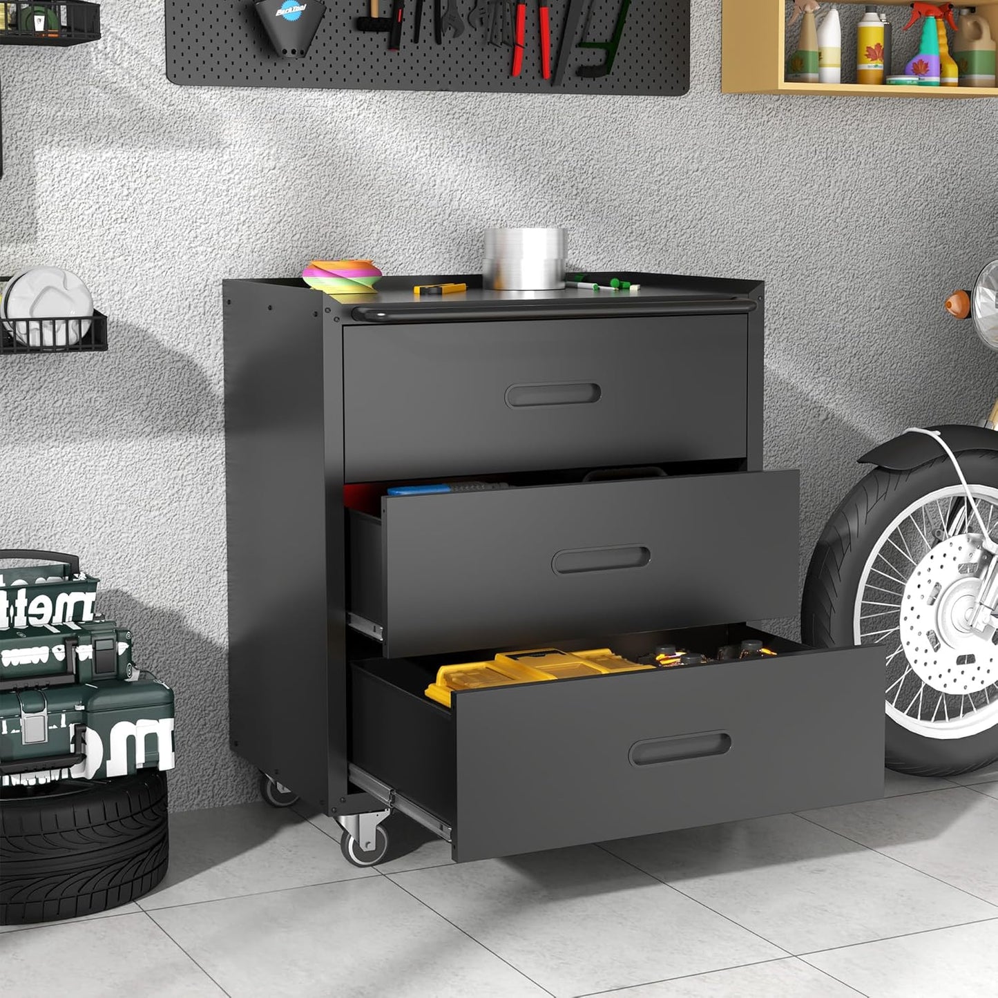 Metal Storage Cabinet with Wheels, Garage Storage Cabinet with 3 Drawers, Rolling Tool Storage Cabinet, Assembly Required, Black