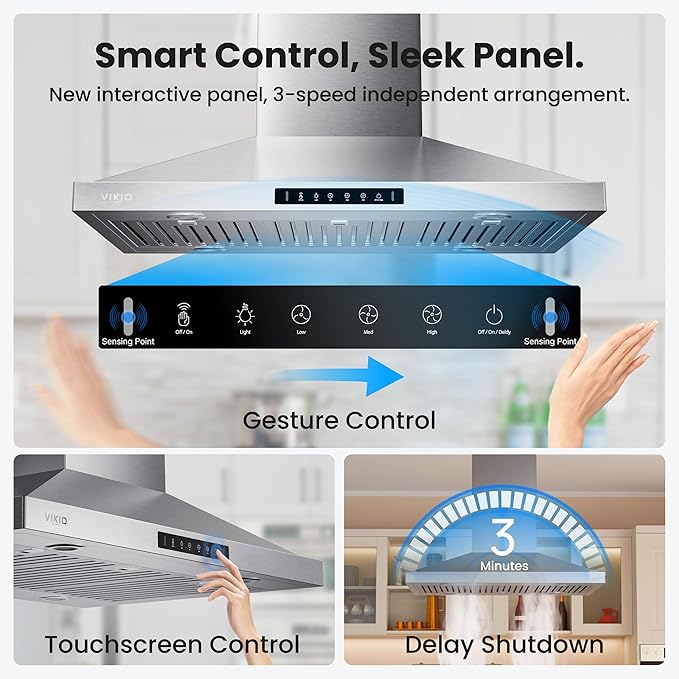 36In Island Range Hood, 390 CFM Stainless Steel Ducted Island Mount Range Hood, kitchen island vent hood with 3-Speed Fan, Touch/Gesture, 3 Stainless Steel Baffle Filters, Ceiling Mount