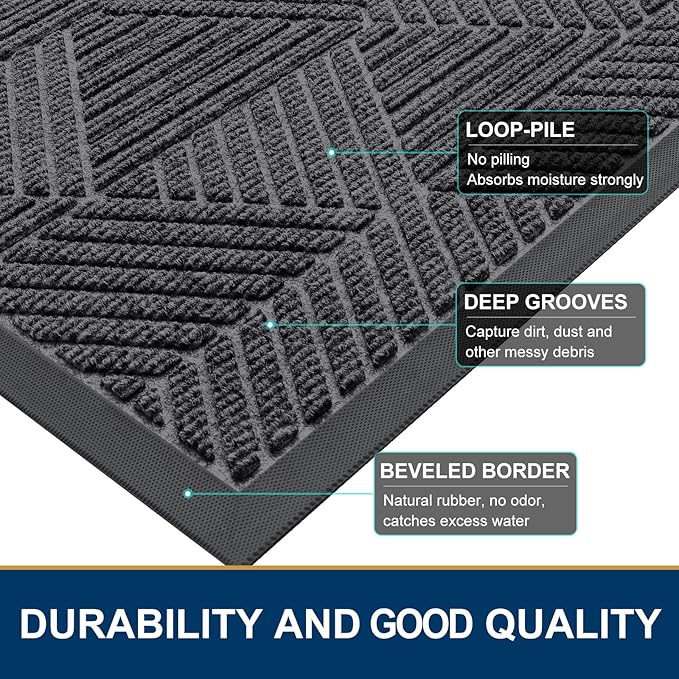 Smiry Front Door Mat Outside Entrance, Heavy Duty Sturdy Natural Rubber Doormat, Trap Dirt and Moisture, Easy Clean Low Profile Mats for Indoor Outdoor Entry, Irregular Triangle (29.5x17, Light Grey)