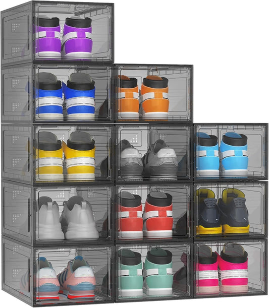 12 Pack Hard Sturdy Thickened Rigid XX Large Shoe Storage Organizer for Closet, Clear Stackable Sneaker Shoe Boxes Rack Containers Display Case Bins with Lids, Grey