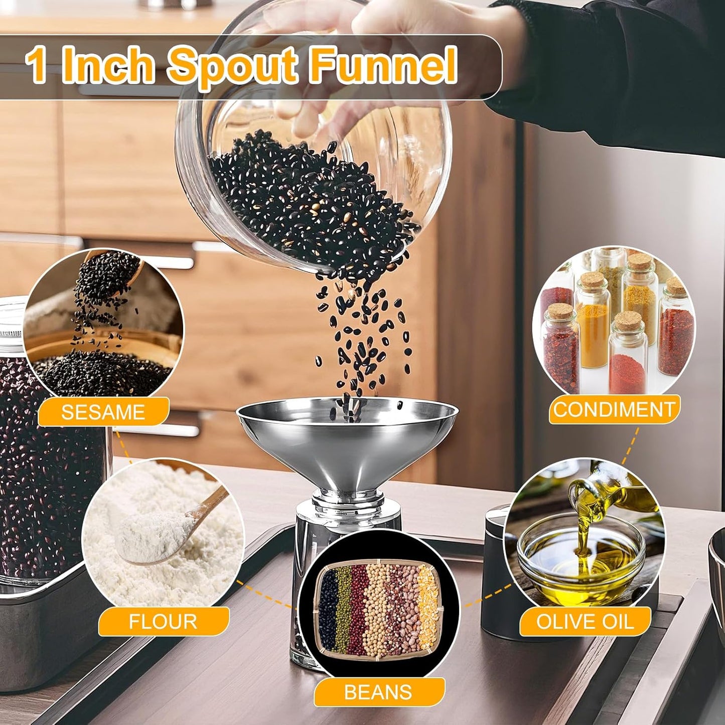 2 Pack Stainless Steel Kitchen Funnel Set for Filling Bottles - 2 Different Caliber Sizes, Seamless One-Piece Design for Transferring Oils Spices Powder Mixes (Easy to Clean)