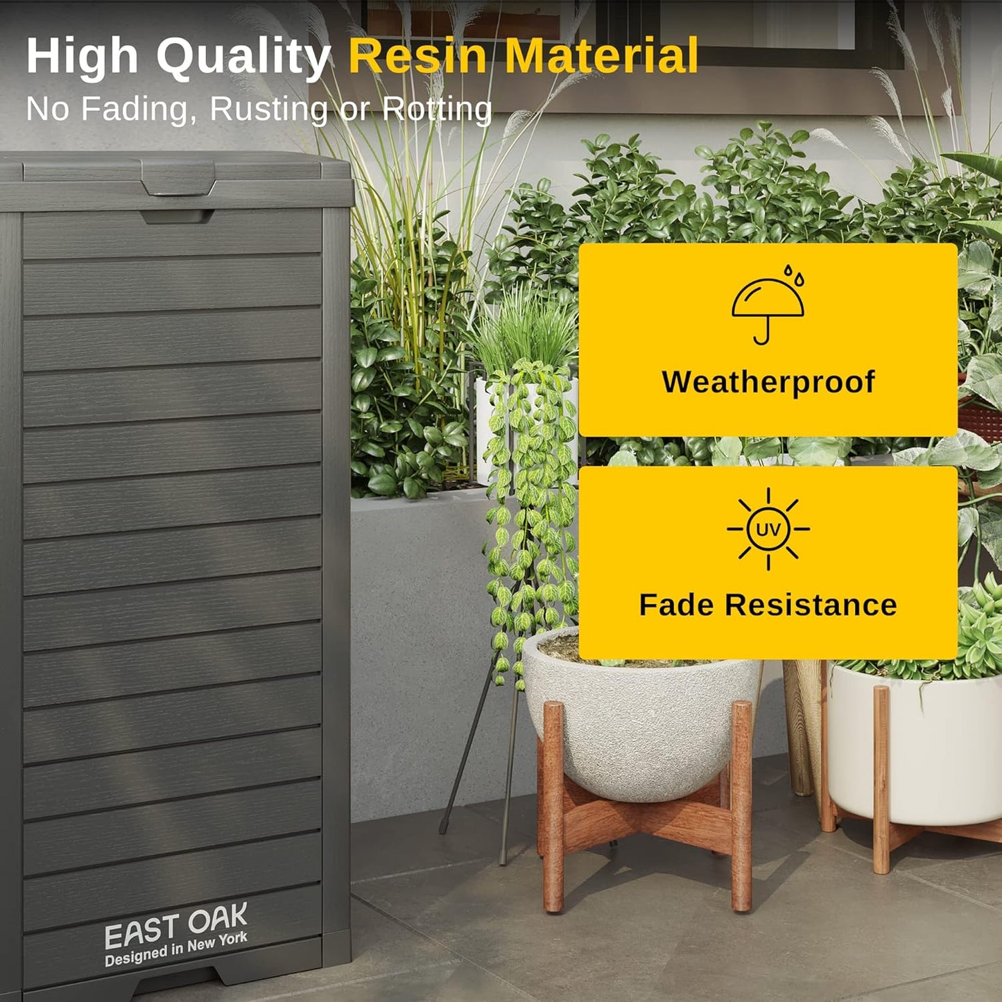 EAST OAK 38 Gallon Outdoor Trash Can | Waterproof Resin Garbage Can with Tiered Lid & Drip Tray | Outside Trash Bin for Patio | Kitchen, Backyard & Deck | Gray Color