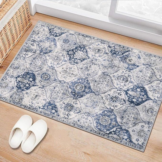 Lahome Moroccan Trellis Washable Rug, 2x3 Kitchen Rugs for Entryway Bathroom, Non-Slip Indoor Door Mat Ultra-Thin, Small Oriental Throw Carpet for Bedroom Entry, White/Royal Blue
