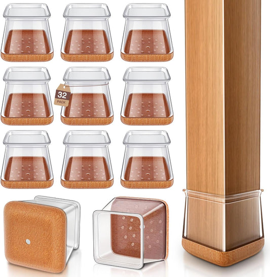 Chair Leg Floor Protectors Square Chair Leg Protectors for Hardwood Floors Silicone Caps Felt Strengthen Bottom Protection Anti-Scratch Reduce Noise 32 Pack Clear Square M Fit:13/16" to 1" (20-26mm)