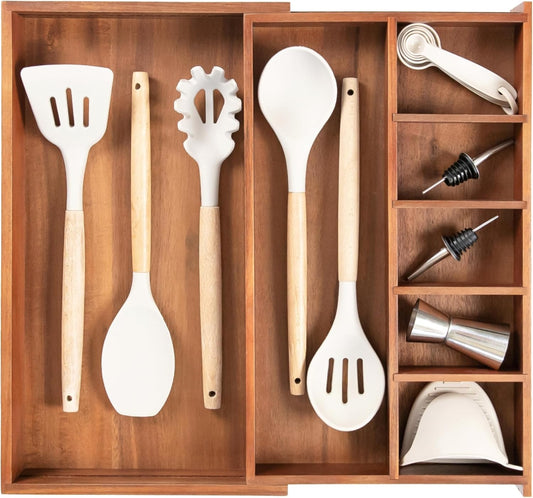 KitchenEdge Adjustable Kitchen Drawer Organizer for Utensils and Junk, Food-Safe Contract Grade with 100% Sustainable Wood, Non-Slip, Expandable from 10.5 to 18.5 Inches Wide - Natural Acacia