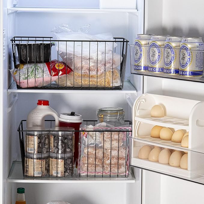 Upright Freezer Organizer Bins， Freezer Baskets for 16, 17, 21 cu.ft Standup Freezer, Wire Storage Baskets with Built-in Handles for Frozen Foods, Snacks, Vegetables, Fruits and More, Set of 6 , Black
