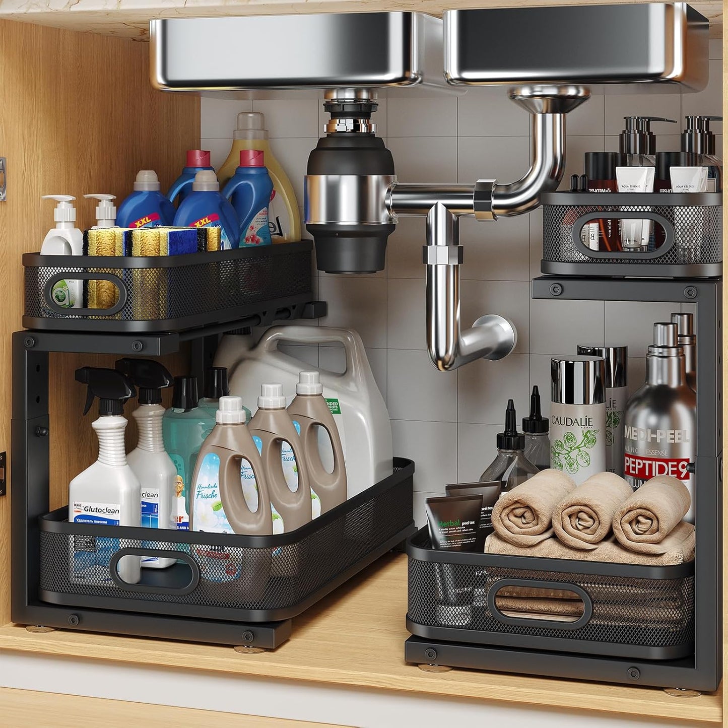 2 Pack 15.7IN-Depth Under Sink Organizer With Smooth Cylindrical Rail,2-Tier Pull Out Multi-Purpose Cabinet Storage for Bathroom&Kitchen,Height Adjustable,Rust-resistant Coating-Black