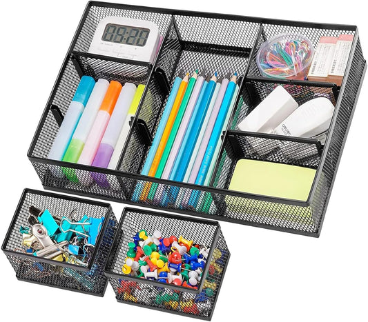 Marbrasse 3 Packs Desk Drawer Organizers, Metal Mesh Dividers Desk Drawer Organizer Tray with 9 Adjustable Compartments, Pen Organizer for Drawer Tray Box Accessories for Desktop,Kitchen, Makeup