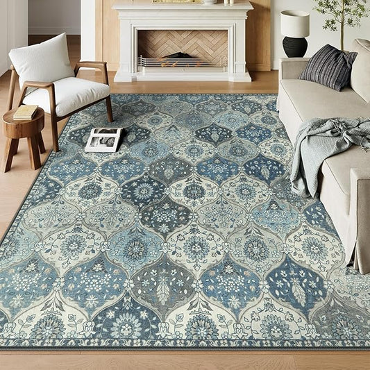 Lahome Moroccan 8x10 Area Rugs for Living Room, Washable Rugs 8x10 Ultra-Thin Oriental Non-Slip Non Shedding Accent Carpet for Bedroom Dining Room Office Nursery, Blue