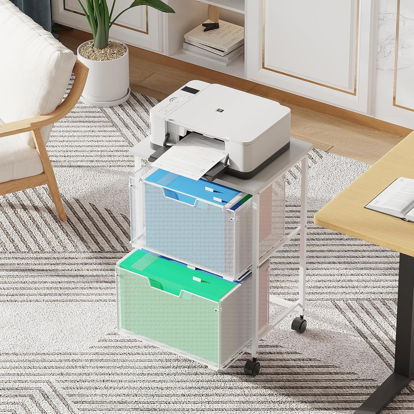 Letter/Legal Rolling File Cabinet, Rolling File Cart with 2 Drawers Filing Cabinet for Home Office, Hanging File Folders Organizer for Under Desk Storage, Mobile Printer Stand, White