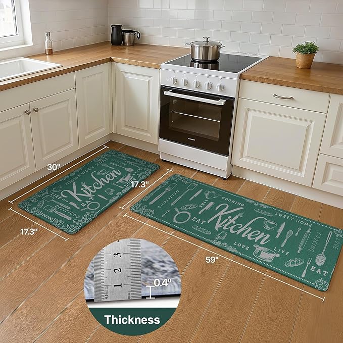 GENIMO Anti Fatigue Kitchen Mats for Floor, Non Slip Washable Kitchen Theme Rugs sets of 2, Farmhouse Cushioned Waterproof Comfort Runner Rug for Kitchen, Sink, Desk, Laundry, 17"x 59"+17"x 30", Green