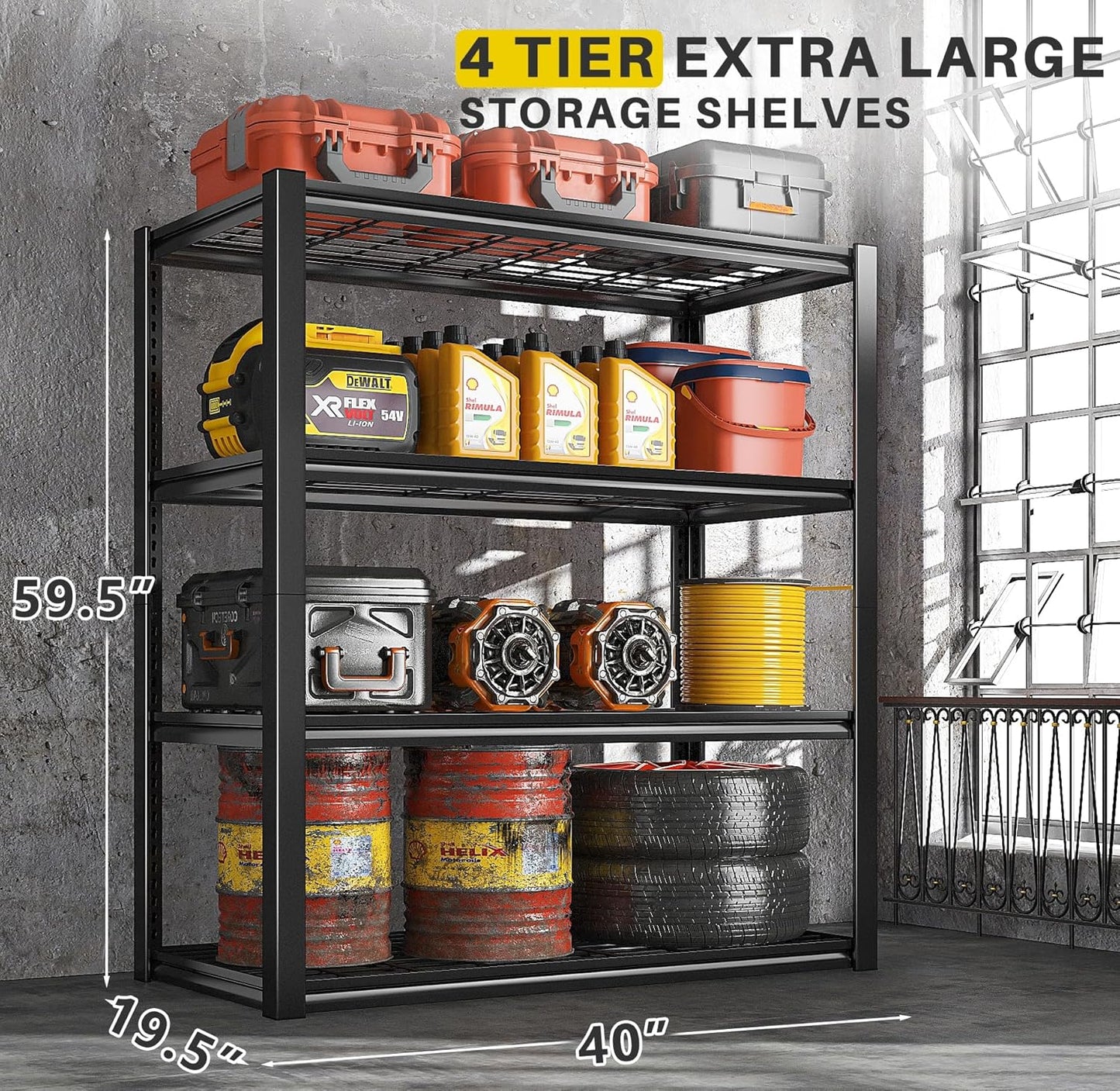 REIBII 40" W Garage Shelving 2240 LBS Storage Shelves Adjustable Metal Shelving Heavy Duty 4 Tier Metal Shelves for Garage Kitchen Pantry Warehouse Basement 40" W × 19.5" D × 59.5" H, 2 Pack