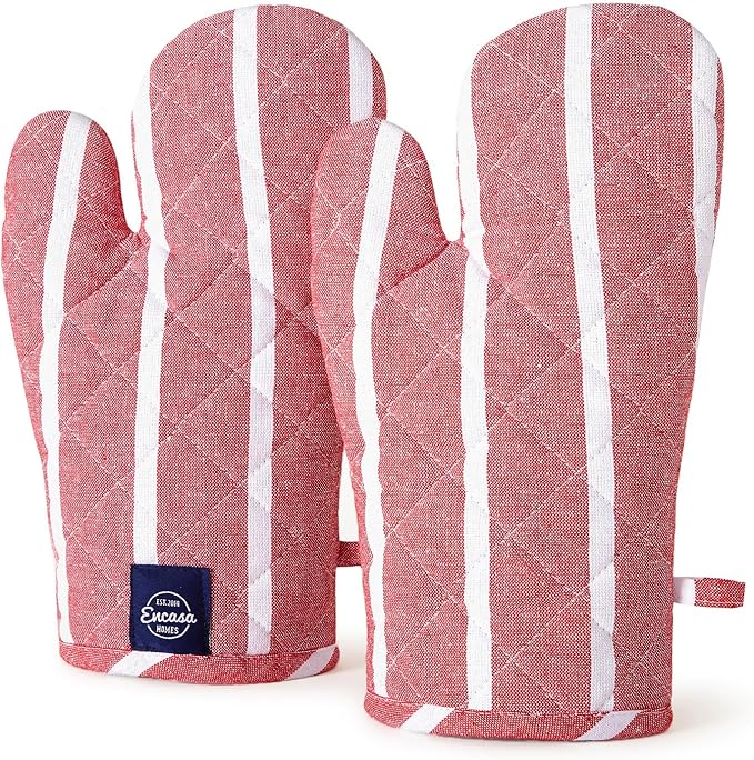 Encasa XO Long 12"x7" Oven Microwave Hand Gloves Mitts (2 pc Set) for Kitchen Cooking & Baking - Heat Resistant, Thick & Safe, Protection of Hands from Hot Utensils - Roma Red Stripes