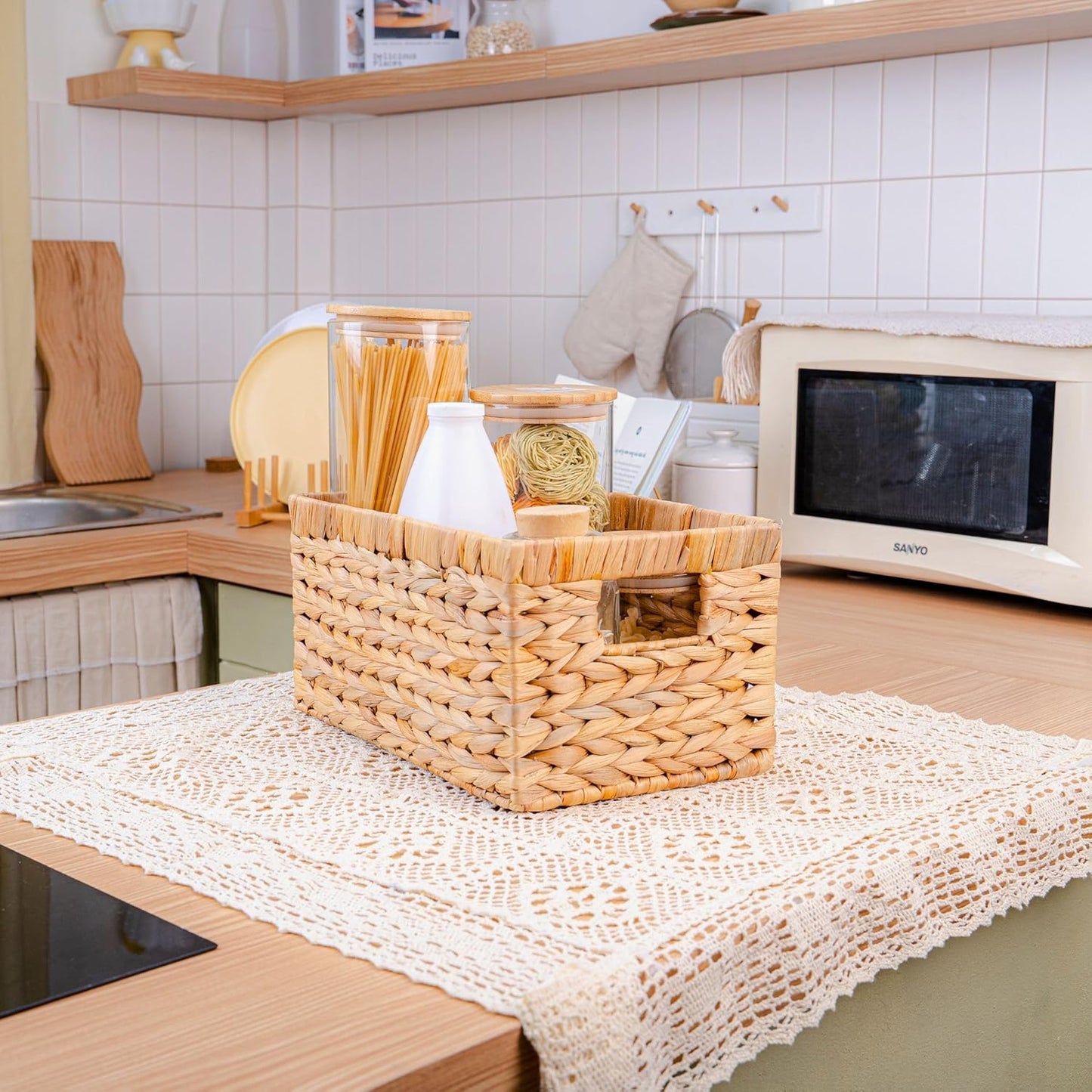 Set of 6 Wicker Storage Basket, Water Hyacinth Storage Baskets, Wicker Storage Baskets for Shelves (Combo 2 Sets SML)