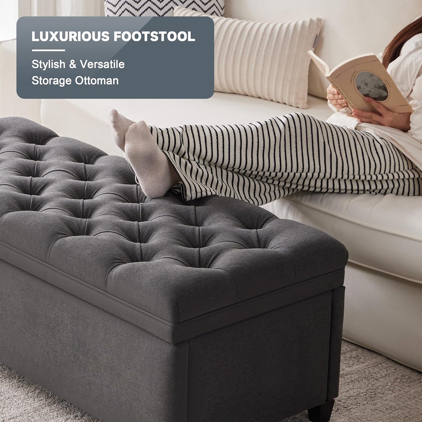 50" Storage Ottoman Bench, Tufted Ottoman with Storage for Living Room, Large End of Bed Ottomans, Modern Entryway Benchs, Window & Bedroom Benches for Foot of Bed (Darkgray)