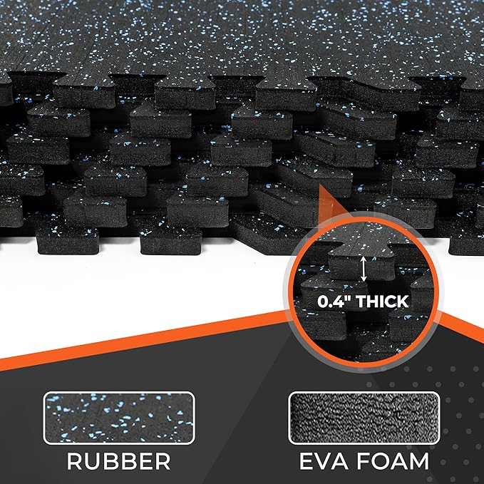 SUPERJARE 0.4'' Thick 24 Pcs 96 Sq Ft Rubber Top Exercise Equipment Mats, High Density EVA Foam Mats with Rubber Top, Interlocking Gym Flooring for Home Gym, Protective Workout Mat, Black/Blue