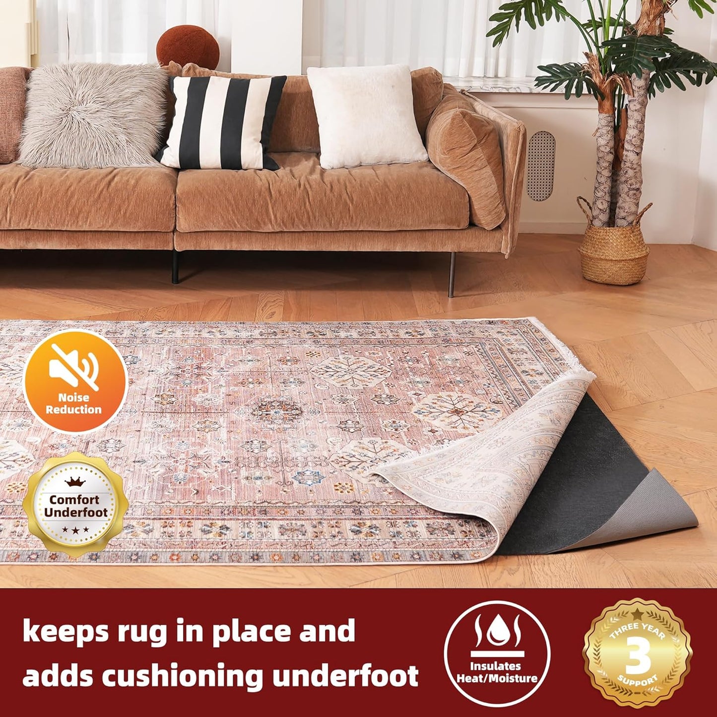 BAGAIL Felt and Natural Rubber Backing Rug Pads 1/4” Thick, 3 x 5 Ft Non Slip Carpet Gripper Keep Rugs in Place, Under Area Rug Protective Cushioned Pads, Carpet Runners, Hardwood Floors Protection