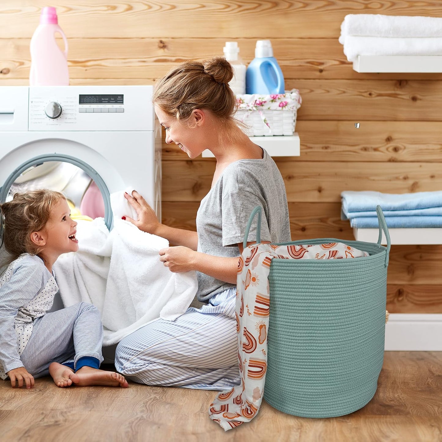 Cotton Rope Laundry Basket Hamper for Clothes Woven Storage Basket for Living Room Bedroom Boho Tall Rope Baskets for Blanket Toys Pillow Towels Baby Nursery Hamper Bin Large light green
