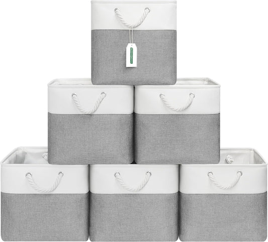13x13 Inch Cube Storage Bins with Reinforced Bottom Cardboard, 6 Pack Large Collapsible Fabric Storage Cubes with Handles for Shelf, Closet, Toy, Laundry Organization (White&Gray)