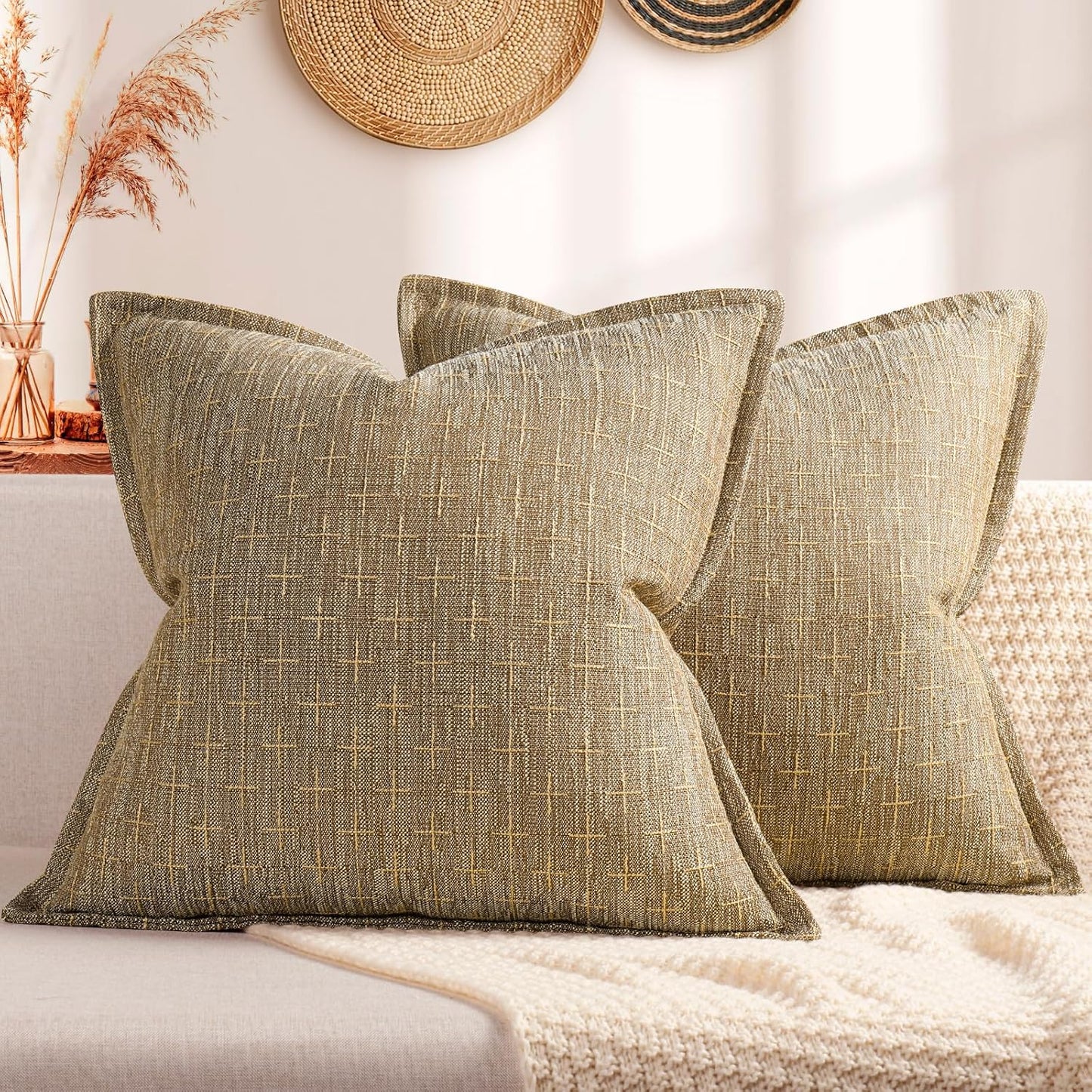 ZWJD Pillow Covers 18x18 Set of 2 Soft Polyester Textured Pillow Covers with Stylish Flange Edge Cozy Farmhouse Throw Pillows for Couch Bed Sofa Living Room